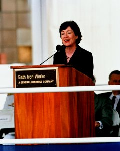 Susan Collins addresses the assembled crowd during the christening ceremony of the guided missile