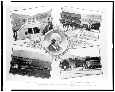 Sutro tunnel. Sutro tunnel and mule train. Adolph Sutro, founder of the Sutro tunnel. Sutro from the tunnel. Sutro mansion and machine shop LCCN93503844