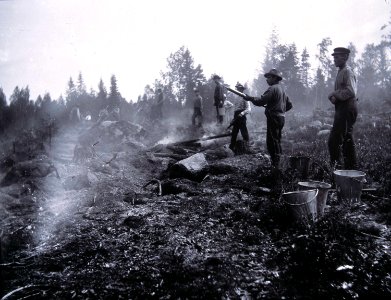Svedjelandsbränning. Elden har gått ut, och mycket folk har samlats för att begränsa den - Nordiska museet - NMA.0033791