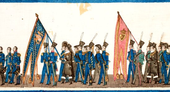 Svenska och norska riksbaneren i Karl XIV Johans begravningståg, 1844 - Livrustkammaren - 108763
