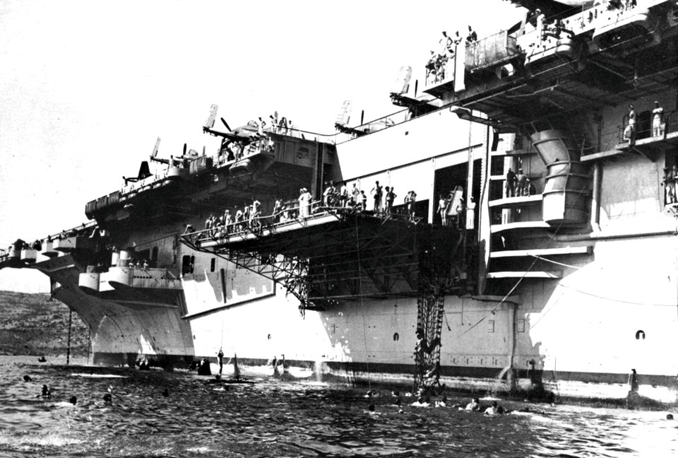 Swim call aboard USS Leyte (CV-32) in Souda Bay, Crete (Greece), in 1947