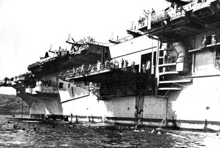Swim call aboard USS Leyte (CV-32) in Souda Bay, Crete (Greece), in 1947