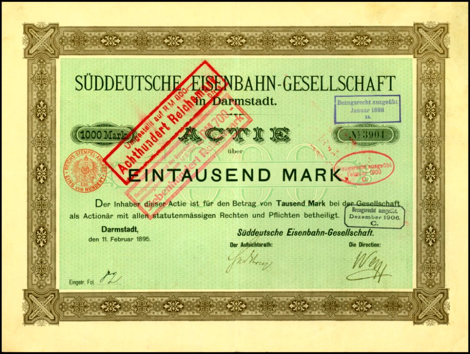 Süddeutsche Eisenbahn-Gesellschaft 1895 1000 Mk