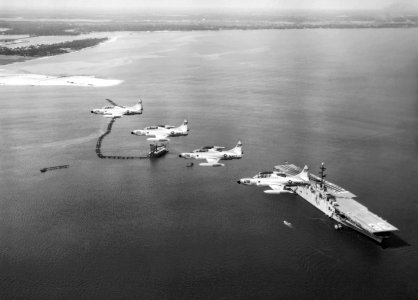 T-1As in flight over USS Antietam (CVS-36) 1959