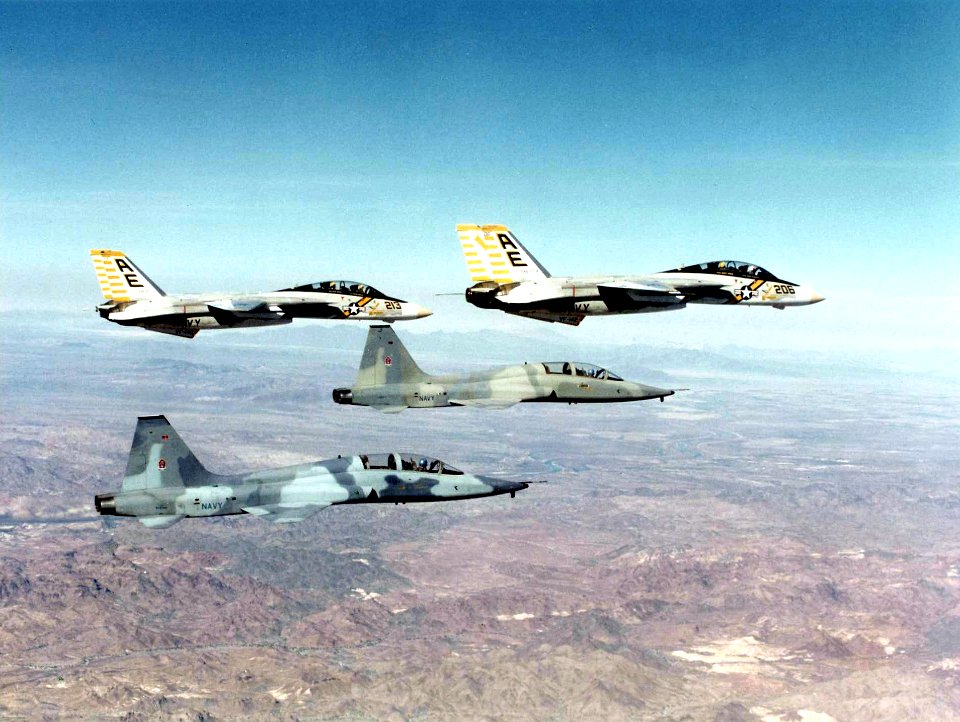 T-38 Talons of VF-43 in flight with VF-142 F-14A Tomcats over Arizona 1977