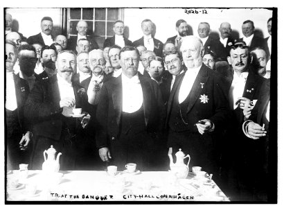 T.R. (Theodore Roosevelt) at the banquet-City Hall, Copenhagen. Group of men all in formal dress. LCCN2014688140