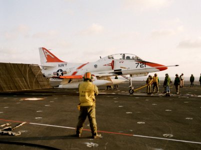 TA-4J VT-7 on cat USS Carl Vinson (CVN-70) 1984