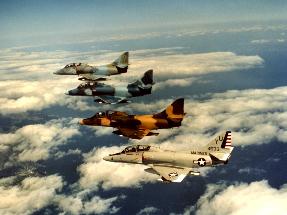TA-4F Skyhawks of H&MS-13 in flight 1980s