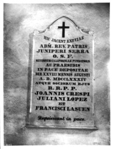 Tablet marking the tomb of Father Junipero Serra at Mission San Carlos Borromeo, Monterey, ca.1905 (CHS-4115)
