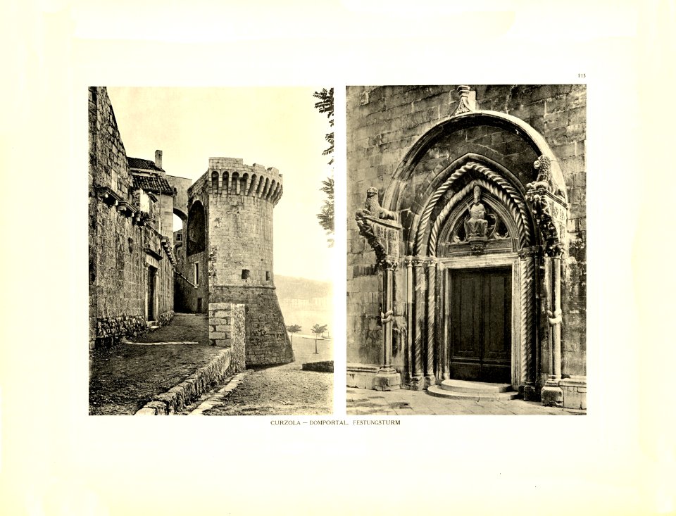 Tafel 113 Korcula - Curcola - Venzianischer Festungsturm, Domportal - Heliografie Kowalczyk 1909