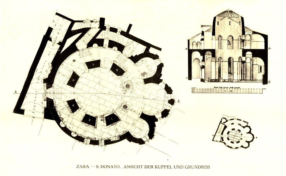 Tafel 064 Zara - Grundriss und Ansicht der Kuppel von S. Donato - Heliografie Kowalczyk 1909 (cropped)