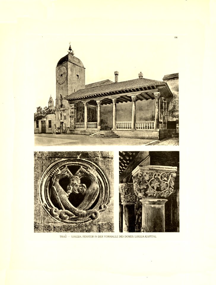 Tafel 106 Traú - Trogir - Dom, Loggia von Vorhalle, Fenster und Kapitäl - Heliografie Kowalczyk 1909