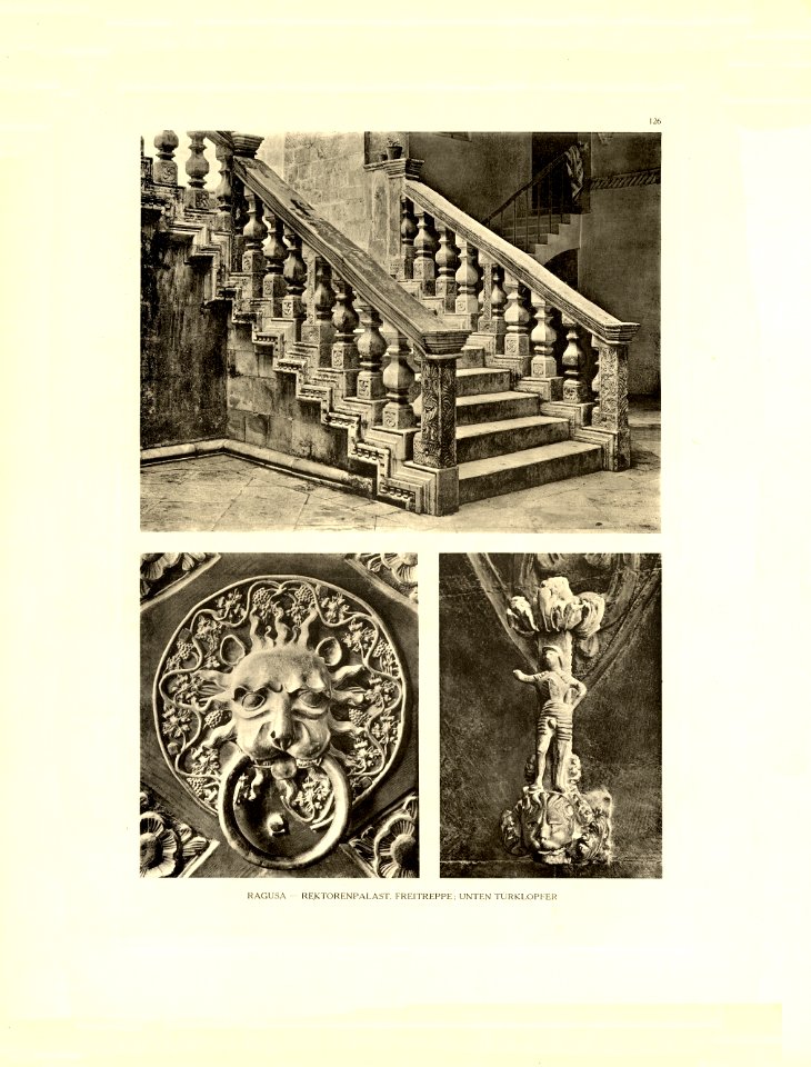 Tafel 126 Ragusa-Dubrovnik - Freitreppe im Hof des Rektorenpalastes, Türklopfer - Heliografie Kowalczyk 1909