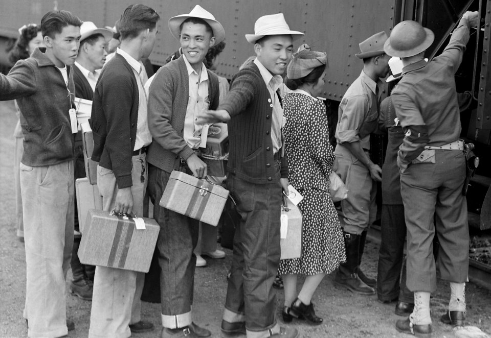 Tagged detainees with Military Police detail, Woodland, Yolo County, California. Persons of Japanese ancestry, bound for Merced Assembly center, . . . - NARA - 537817 (cropped)