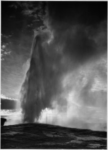 Taken at dusk or dawn from various angles during eruption. Old Faithful Geyser, Yellowstone National Park, Wyoming. (v - NARA - 520012