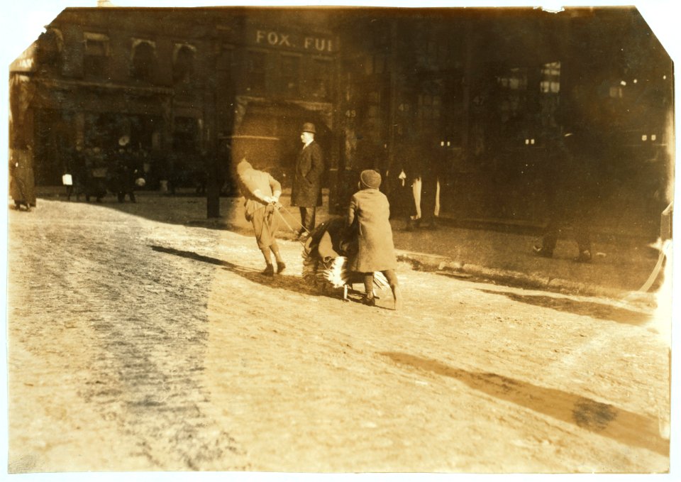 Taking bags home to be mended. 5 to 11 years old. Market. LOC nclc.05155
