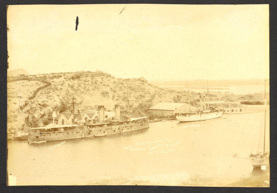 Taking C.C.B. Pocahontas Coal. Maduro's Coaling Station. Curaçao Dutch WI. Also visible- U.S.S. Dubuque R.M. Etruria - BNA-DIG-HARTOG-ALBUM-CURACAO-070