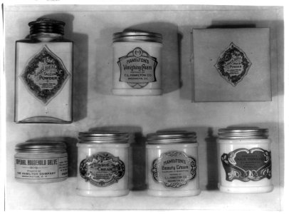 Talcum powder, household salve, face creams, hair pomade, and face powder manufactured by the C.L. Hamilton Co. of Washington, D.C. LCCN90707501