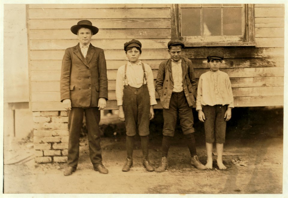 Tallest) Sam Bigham, Eureka Cotton Mills. Been in mill 10 years. (Next) Washey Dover-Been in 3 years. (Next) Lloyd Barnado-2 years in mill. (Smallest) Ernst Floyd-10 years old, 52 inches LOC nclc.01462