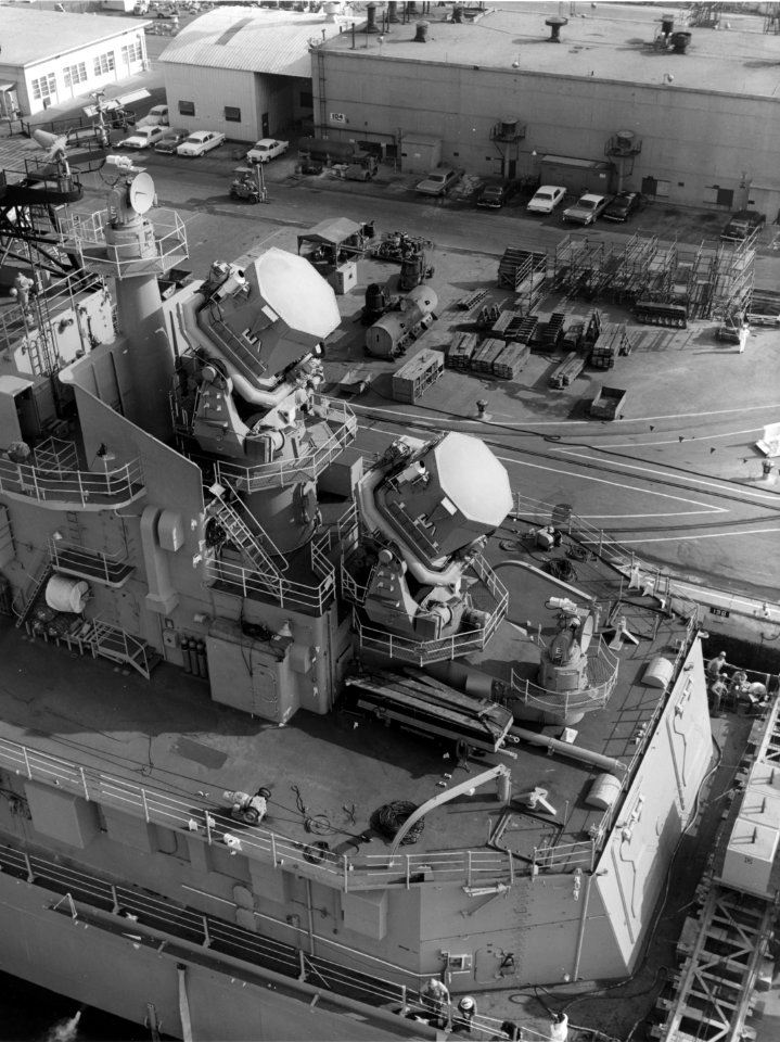 Talos missile guidance radars on USS Oklahoma City (CLG-5), in October 1963 (NH 98688)