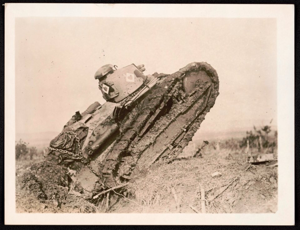 Tank ploughing its way through a trench and starting toward the German line, during World War I, near Saint Michel, France LCCN95513879