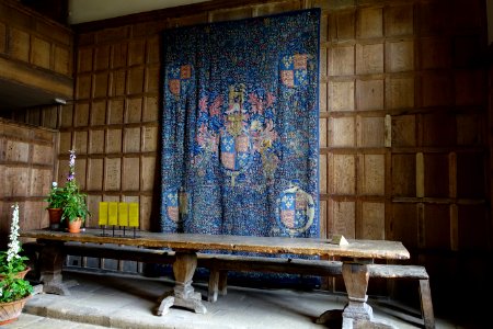 Tapestry, late 1400s, and table, c. 1400 - Banqueting Hall, Haddon Hall - Bakewell, Derbyshire, England - DSC02569