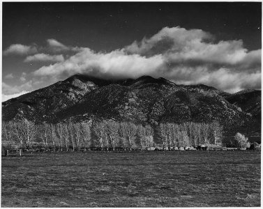 Taos County, New Mexico. View of Sangre de Cristo Mountains east of Taos. Note wind break that thi . . . - NARA - 521937