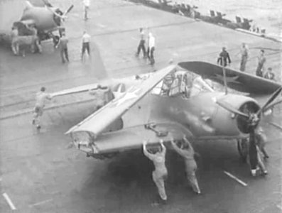 TBD is pushed on flight deck of USS Enterprise (CV-6) in 1942
