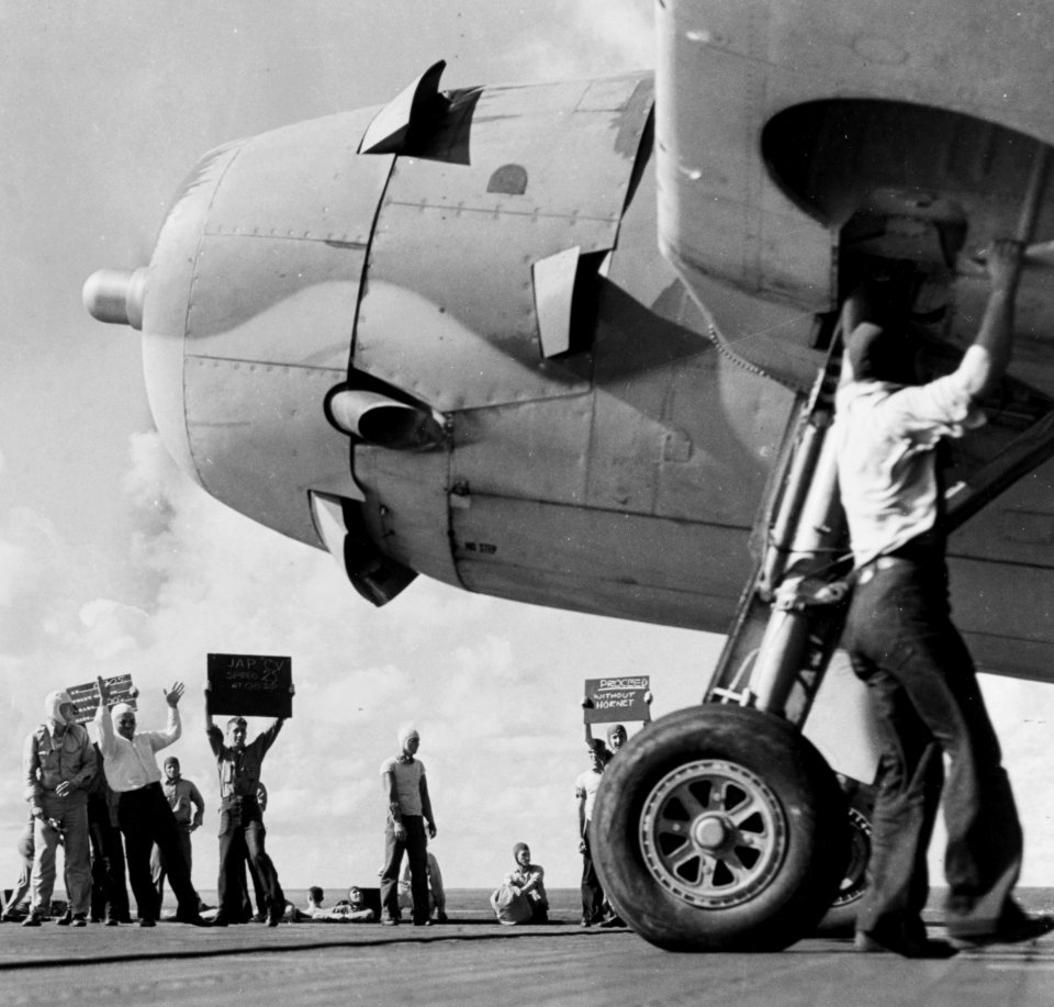 TBF-1 of VT-10 launches from USS Enterprise (CV-6) during Battle of Santa Cruz Islands 1942 (80-G-30059)