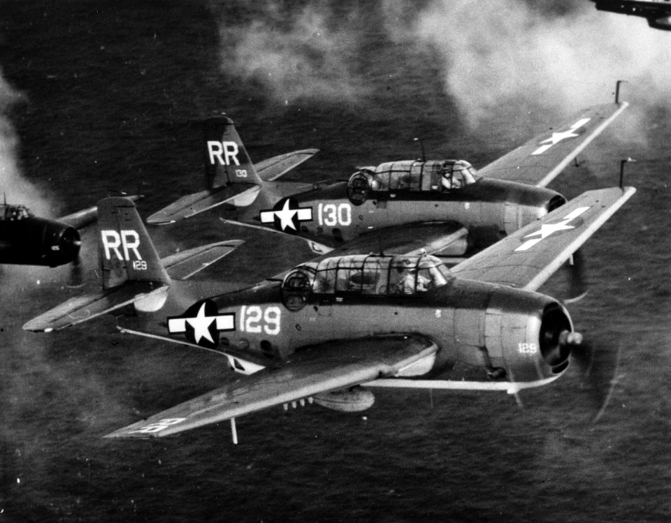 TBM Avengers of VT-88 in flight in August 1945