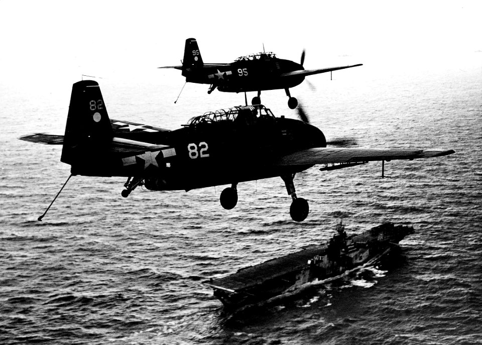 TBF-1 Avengers of VT-2 over USS Hornet (CV-12) in 1944