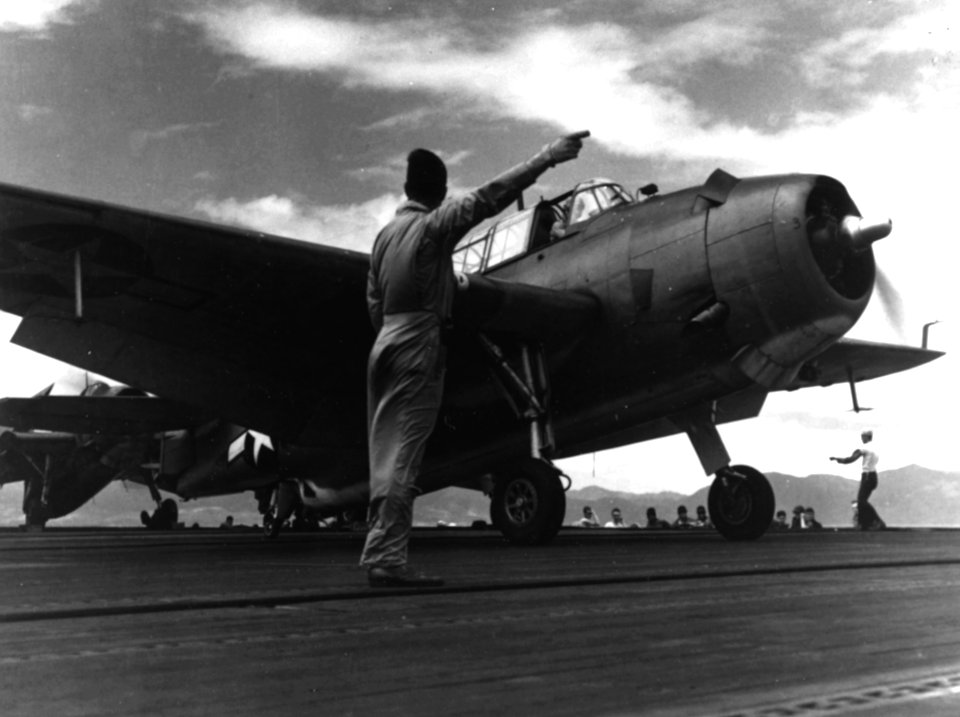 TBM-1C of VT-51 launches from USS San Jacinto (CVL-30) in May 1944