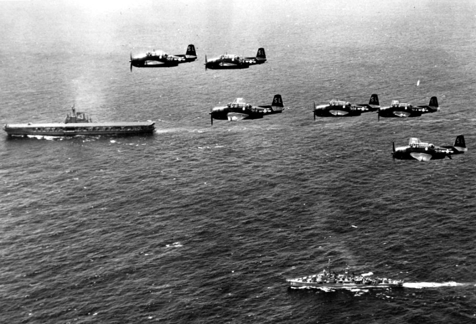 TBM-3Es VC-22 over USS Coral Sea (CVB-43)
