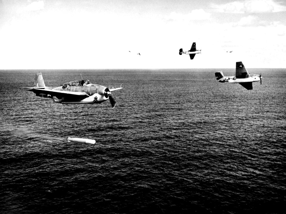 TBF-1 Avengers dropping torpedoes c1942