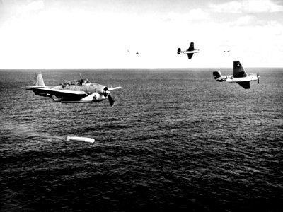 TBF-1 Avengers dropping torpedoes c1942