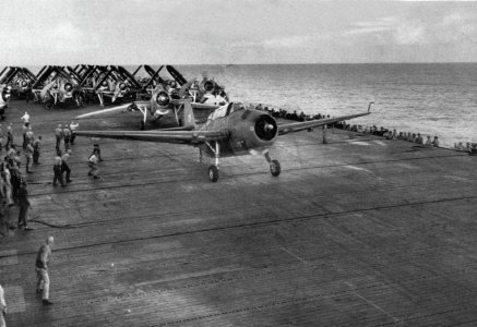TBF-1C of VT-17 takes off from USS Bunker Hill (CV-17) c1943