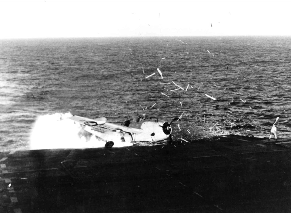 TBF ramp strike on USS Solomons (CVE-67)