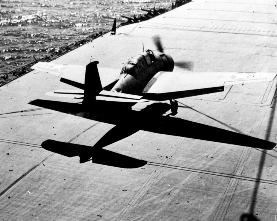 TBF VT-8 landing on USS Saratoga (CV-8) off Solomons 1942