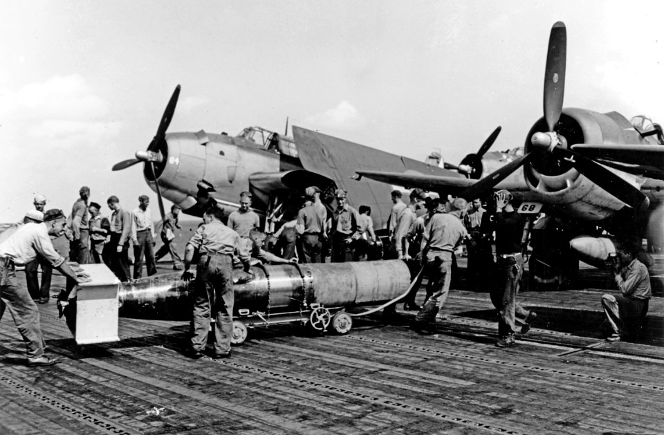 TBM Avenger with Mark 13 torpedo aboard USS Wasp (CV-18), 13 October 1944 (80-G-298609)