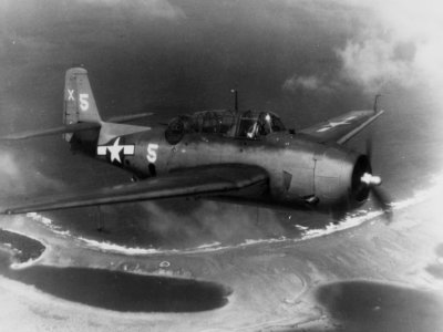 TBM-1C Avenger of VT-51 over Majuro Atoll in May 1944