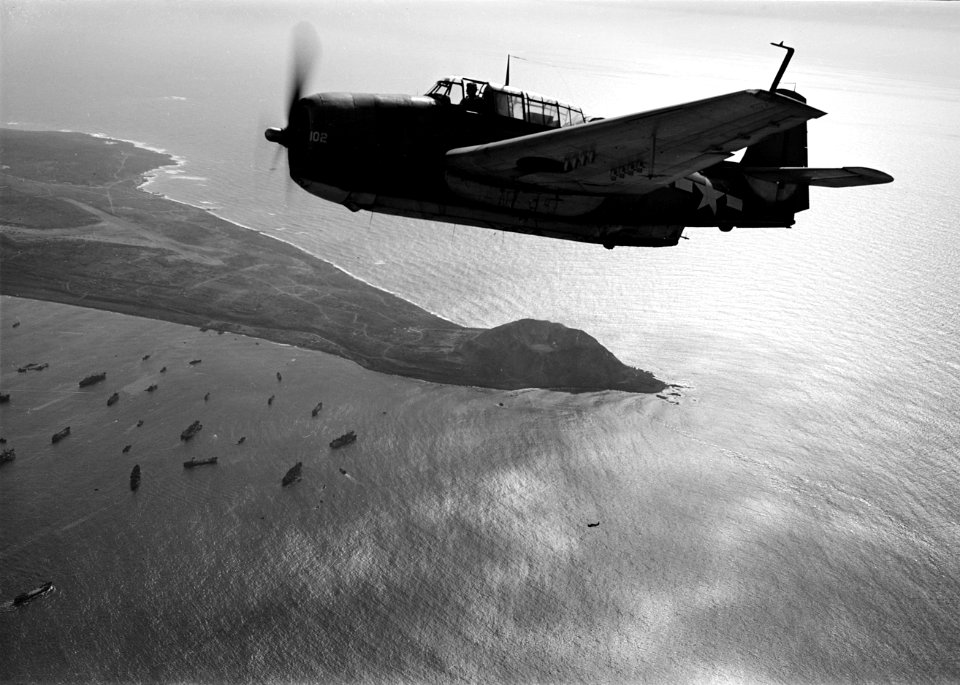 TBM on photo mission over Iwo Jima 1945
