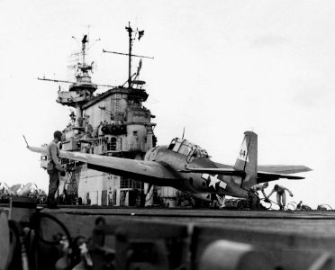 TBM-1C Avenger of VT-20 after landing on USS Enterprise (CV-6), 10 October 1944 (NNAM.1996.253.1255)