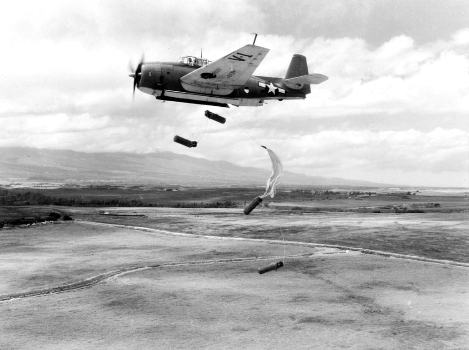 TBM-3 VMTB-332 dropping supplies over MCAS Ewa 1945