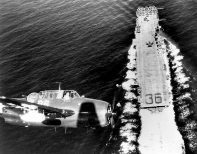 TBM-3E over USS Antietam (CV-36) 1945
