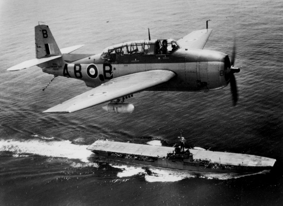 TBM-3 over HMCS Magnificent (CVL 21)