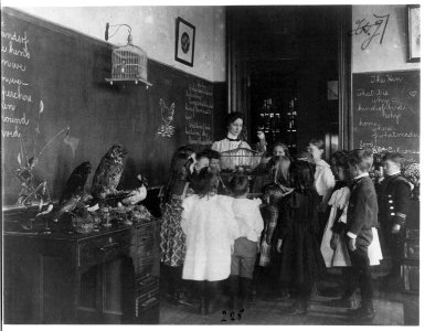 Teacher and group of grade school children standing around bird cage and studying birds, Washington, D.C. LCCN2001703713