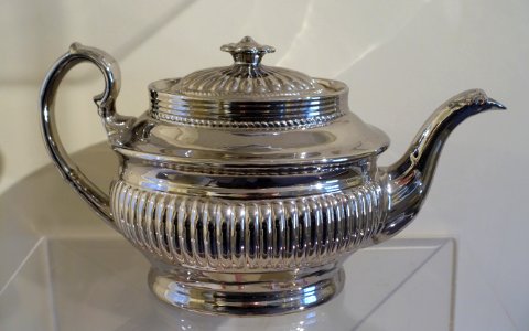 Teapot, England, c. 1820, earthenware with silver-luster glaze - Concord Museum - Concord, MA - DSC05765 photo