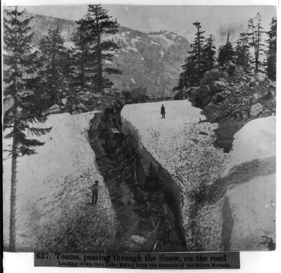 Teams passing through the snow, on the road leading down into Lake Valley from the summit of the Sierra Nevada LCCN2002717218