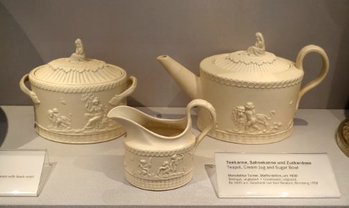 Teapot, cream jug, and sugar bowl, Turner factory, Staffordshire, c. 1800, unglazed creamware - Germanisches Nationalmuseum - Nuremberg, Germany - DSC03451 photo