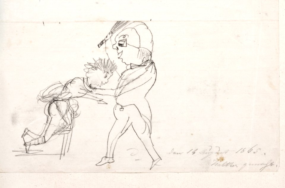 Teckning av lärare som risar elev. Av Walther von Hallwyl - Hallwylska museet - 87348